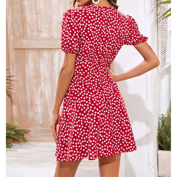 Red Ditsy Floral Puff Sleeve Fit & Flare Dress - Picture 2 of 6